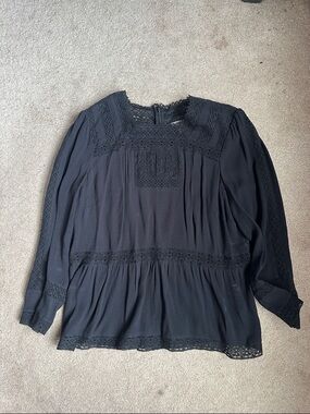 Black Lace-Trimmed Long-Sleeve Peasant Blouse
